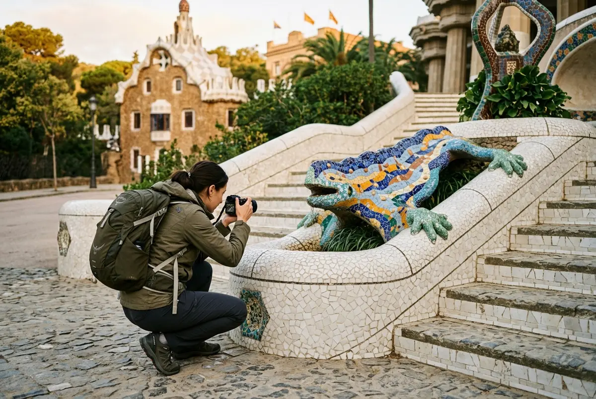 Traveler photographing the park guell dragon stairway mosaic salamander in soft early morning light with no crowd in frame