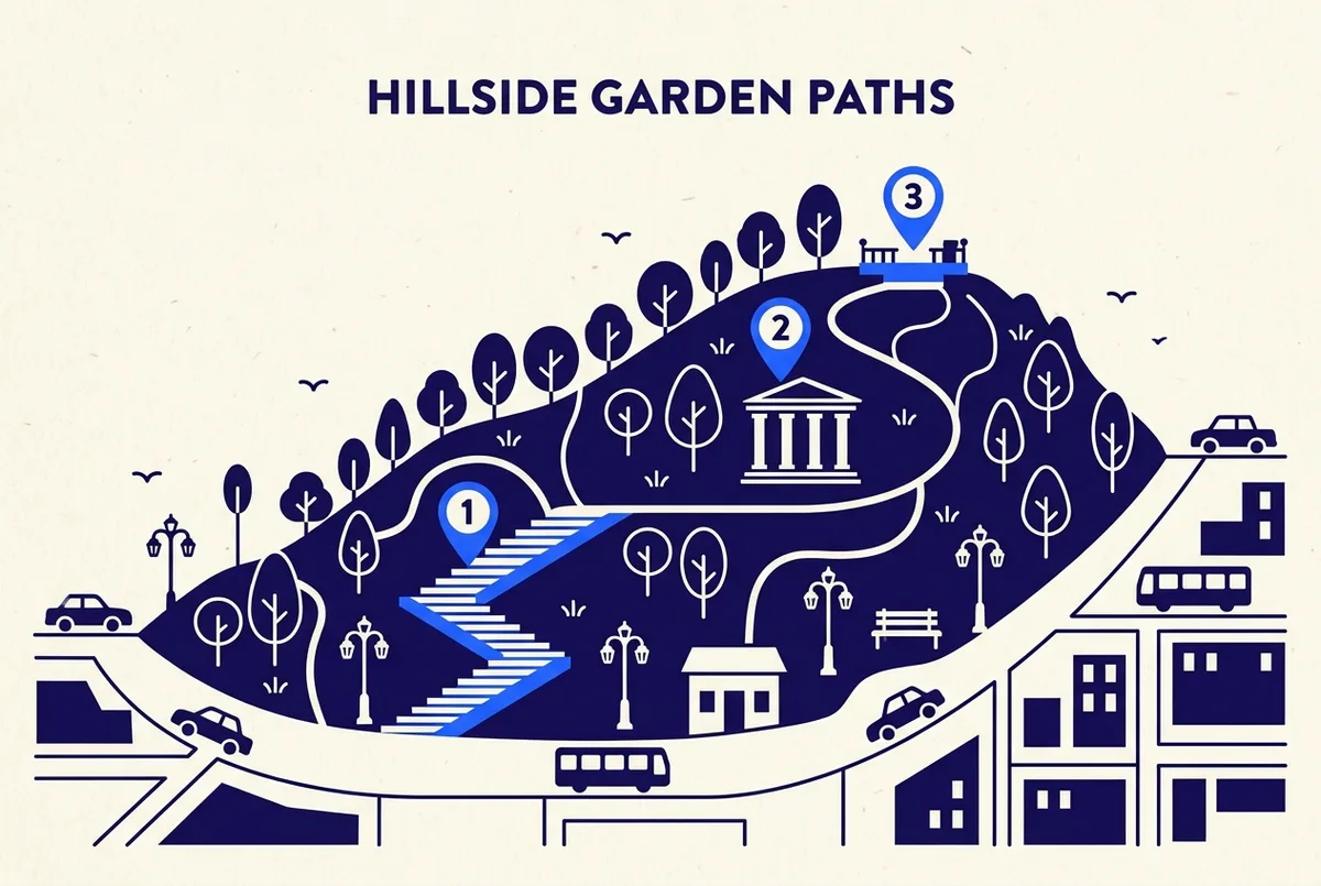 Simple numbered spot map showing a hillside park outline with three numbered pin icons marking a stairway, a columned hall and a terrace viewpoint, flat style, generic labels only
