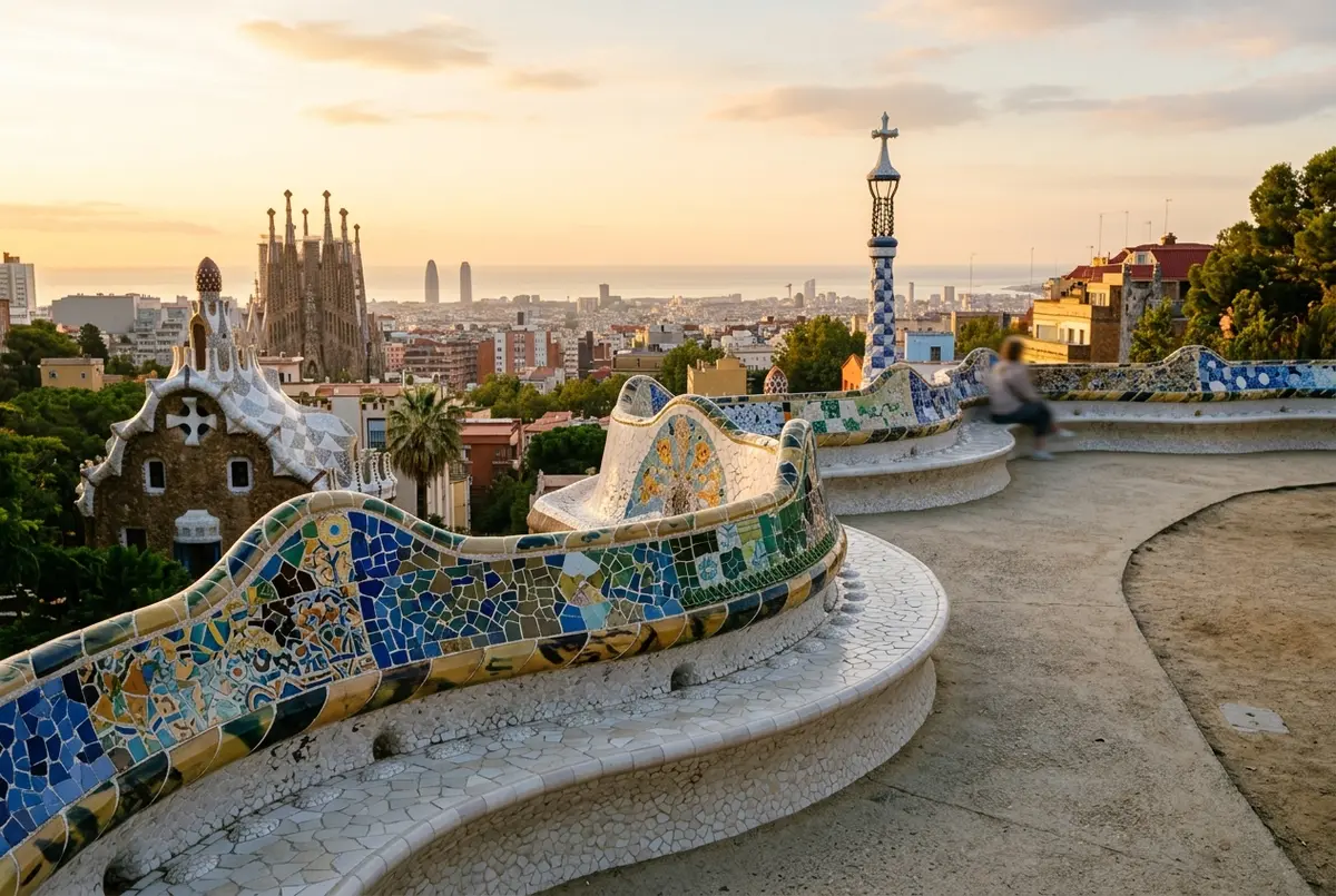 Quiet early morning view of the park guell wavy mosaic bench with almost no visitors and soft golden light