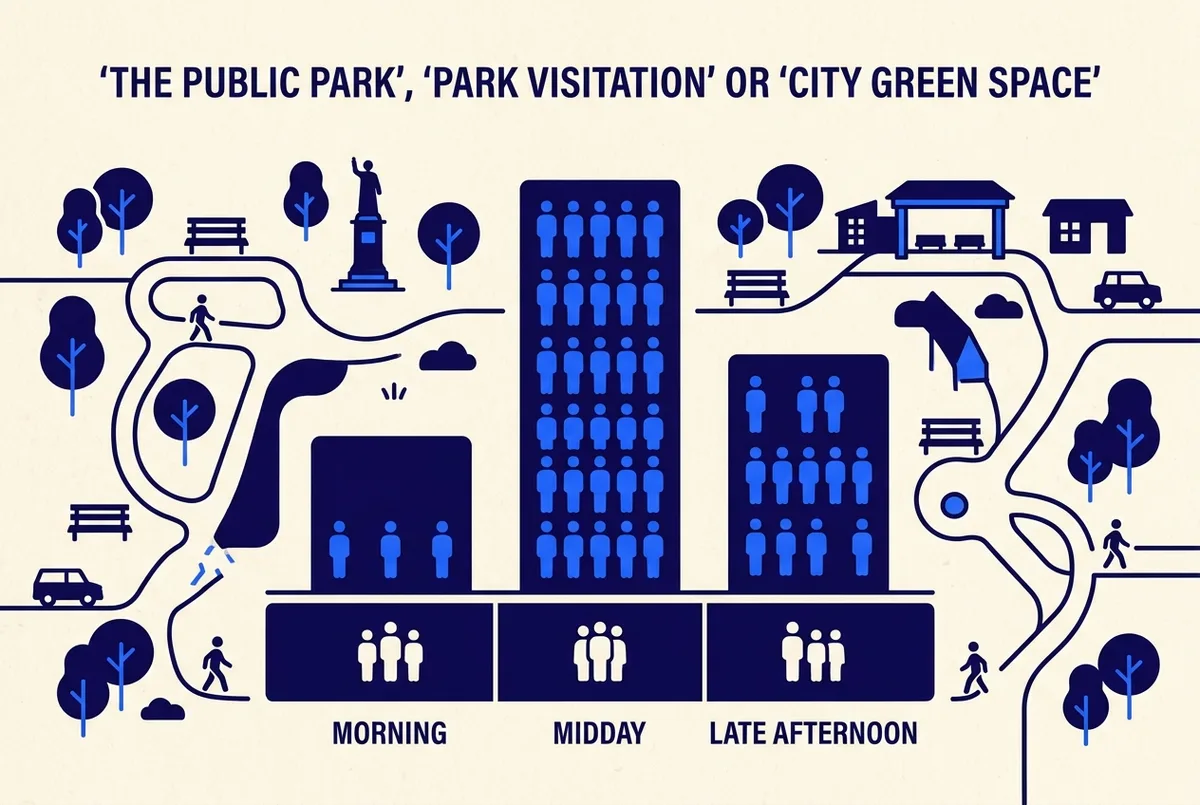 Simple bar chart infographic comparing relative crowd levels across morning, midday and late afternoon time blocks at a park setting, flat style, generic labels only