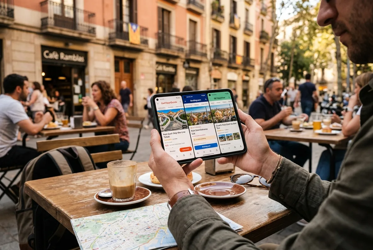 Traveler comparing park guell tickets getyourguide listing against other booking apps side by side on a phone, Barcelona street cafe background