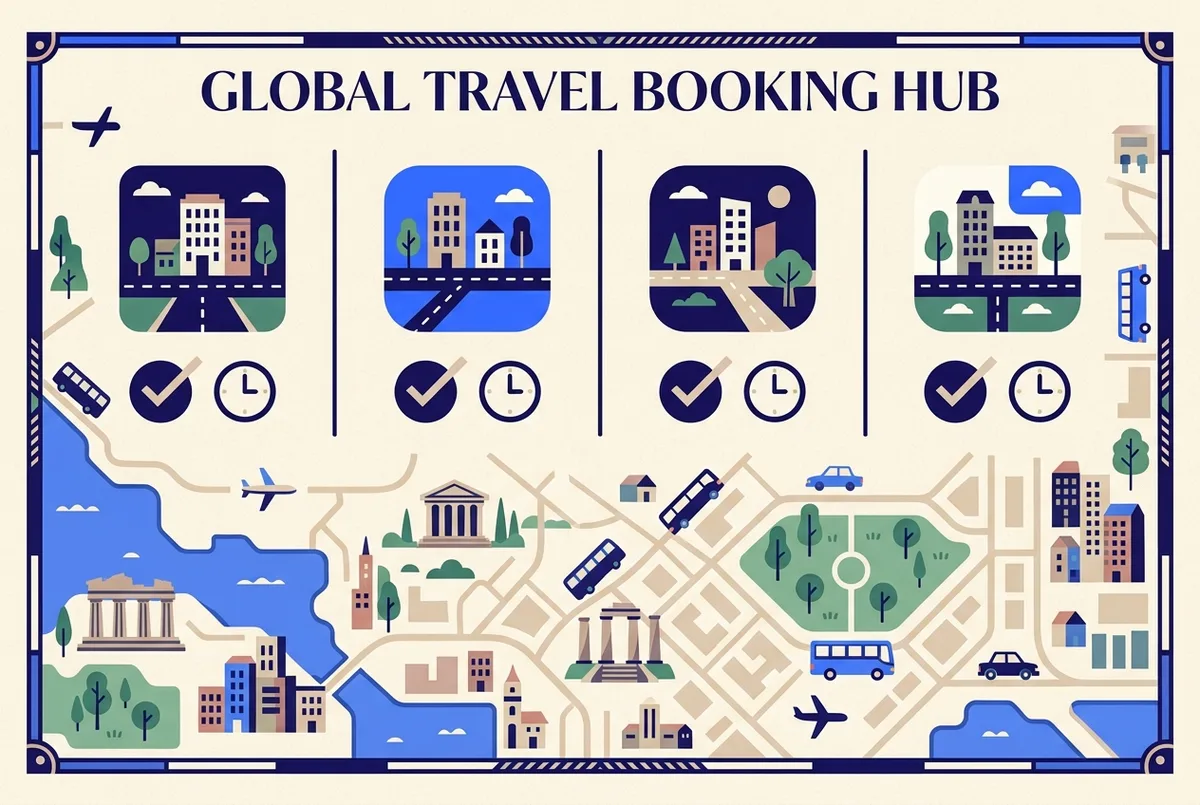 Simple comparison infographic showing four booking platform icons in a row, each with a checkmark and a small clock icon representing cancellation window, flat style, generic labels only