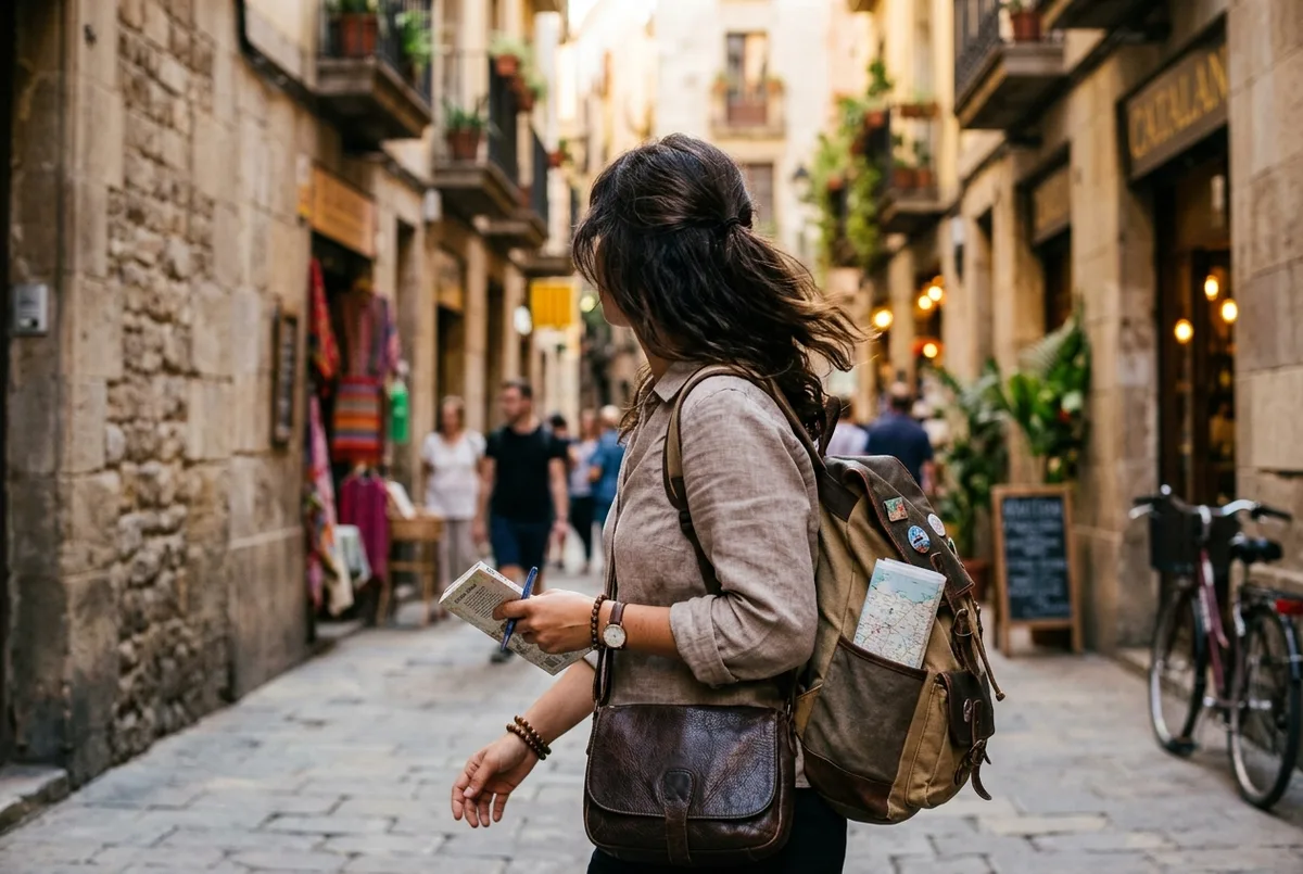 Turista seduto su una panchina che completa l'acquisto dei parco guell biglietti online dallo smartphone, mattina presto vicino all'entrata del parco