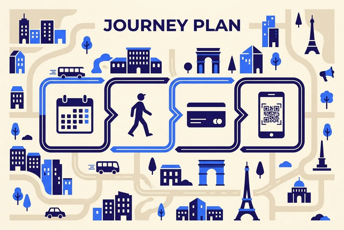 Infografica dei cinque passaggi per comprare i parco guell biglietti online: prodotto, data, fascia orari, dati, pagamento, con icone ed etichette generiche