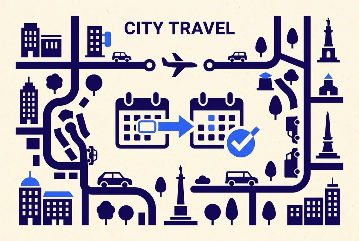 Simple infographic showing a calendar icon with a slot marked for change, an arrow pointing to a new date, and a checkmark, flat style, generic labels only, no prices