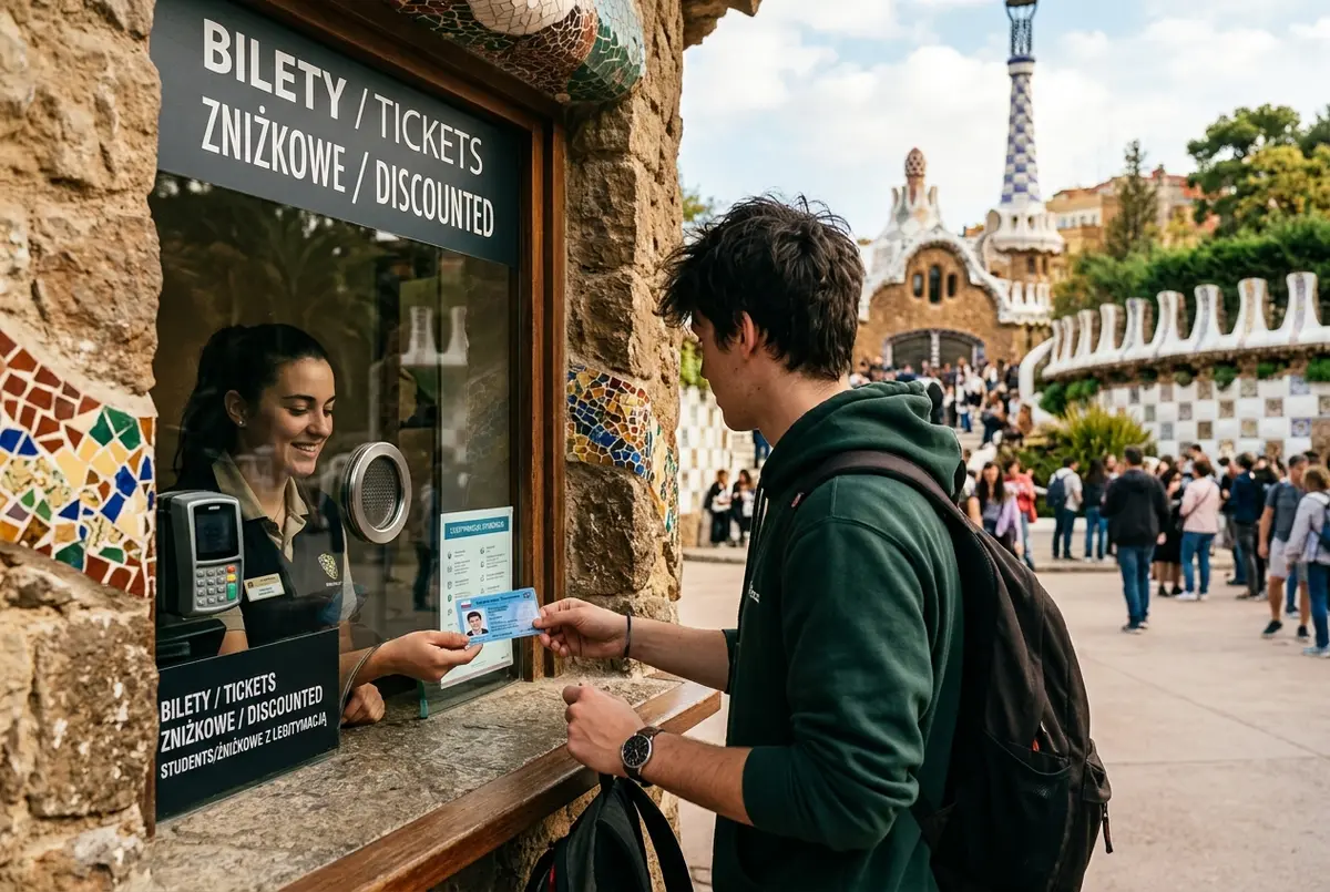 Student pokazujący legitymację studencką przy kasie biletowej Park Güell, park guell bilety zniżkowe, mozaikowy pawilon wejściowy w tle