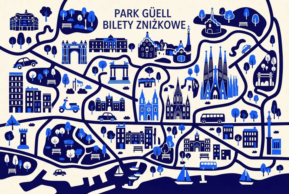 illustrated map of Barcelona highlights for Bilety zniżkowe do Park Güell: dzieci, studenci, osoby z niepełnosprawnością, park guell bilety zniżkowe
