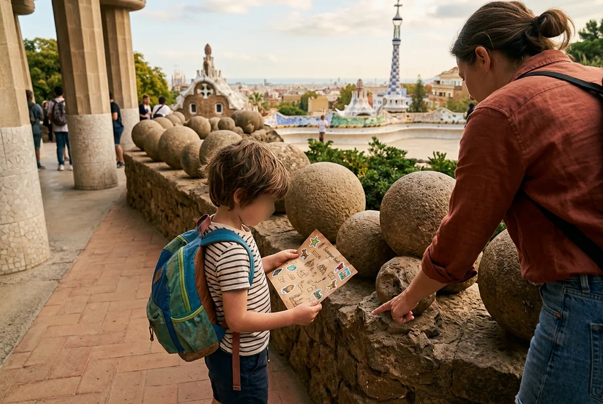 Child holding a scavenger-hunt map with stickers near the stone spheres at Park Güell, parent pointing toward a hidden detail