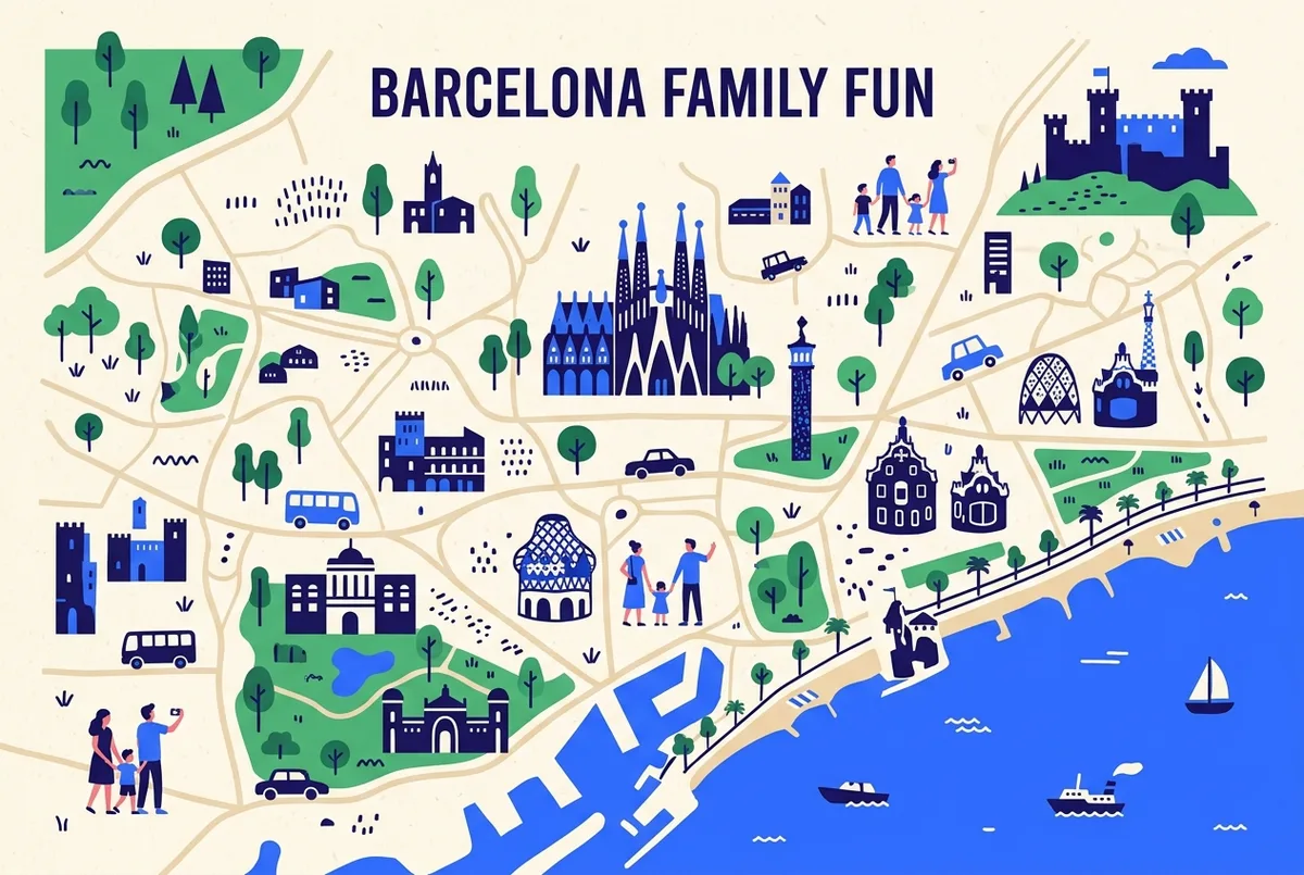 illustrated map of Barcelona highlights for Park Güell Family & Kids Tours: Maps, Stickers and Tips, park guell family tour