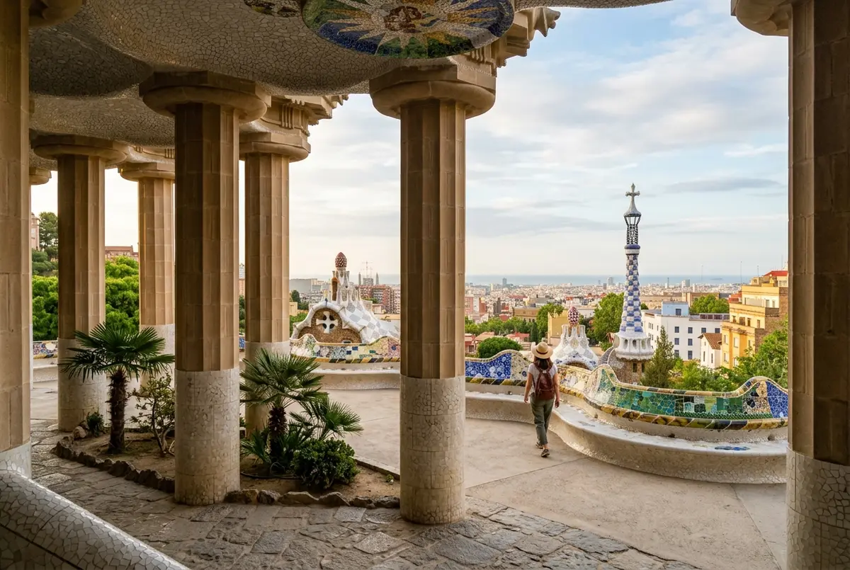 Quiet view of Park Guell's free outer gardens on a calm Sunday afternoon with soft golden light and no ticket queue in sight