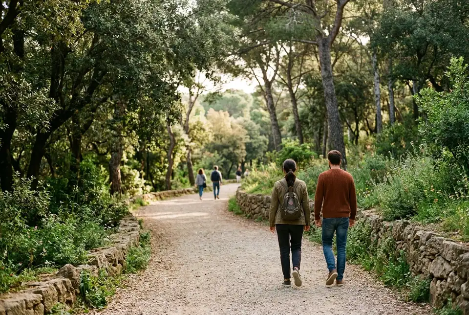 Quiet editorial photo of travelers strolling through Park Guell's free wooded gardens on a Sunday morning, soft light, relaxed pace, no ticket gate visible