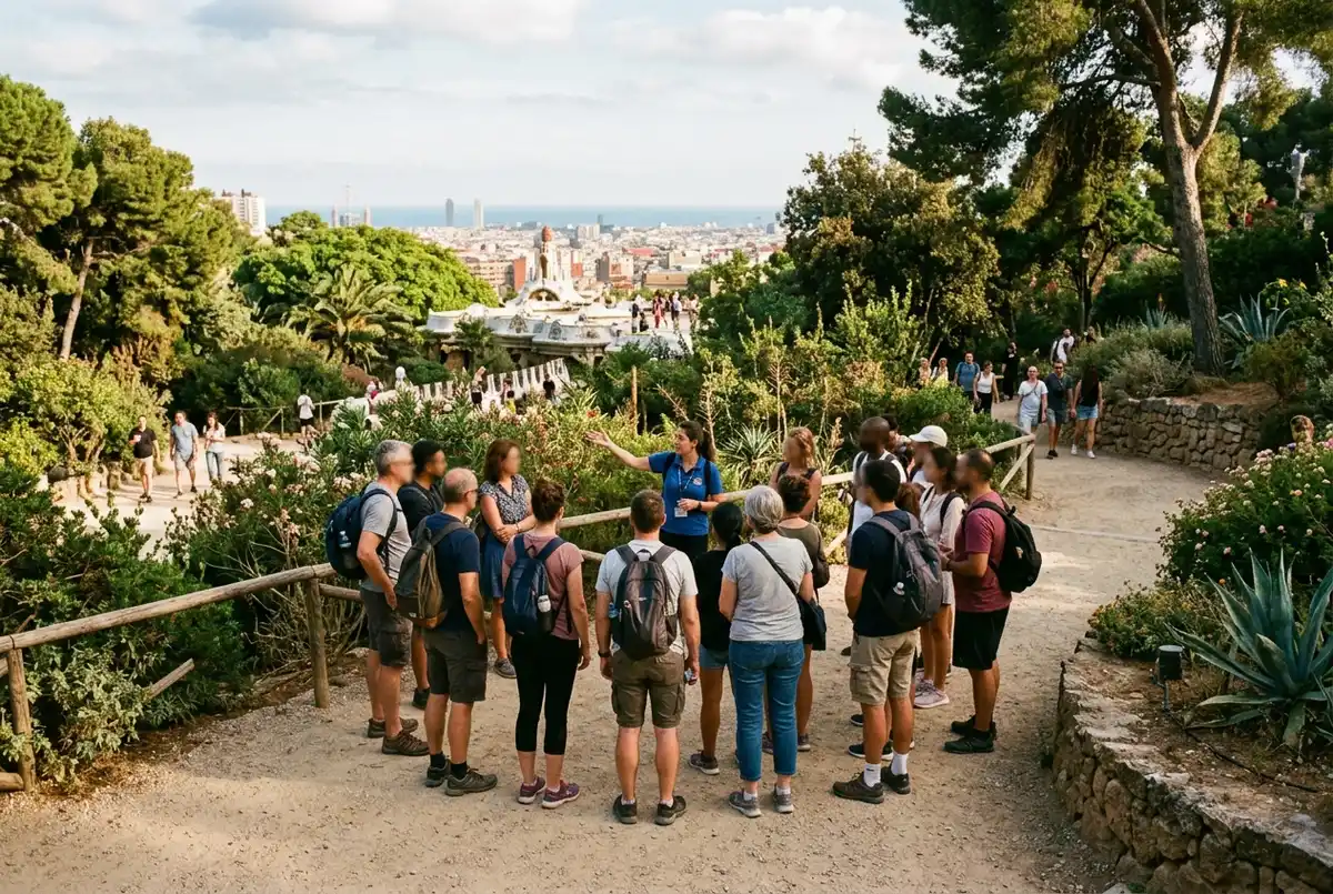 Grupo siguiendo a una guía con paraguas en un free tour park guell por los jardines exteriores de la colina del Carmel, luz de mañana