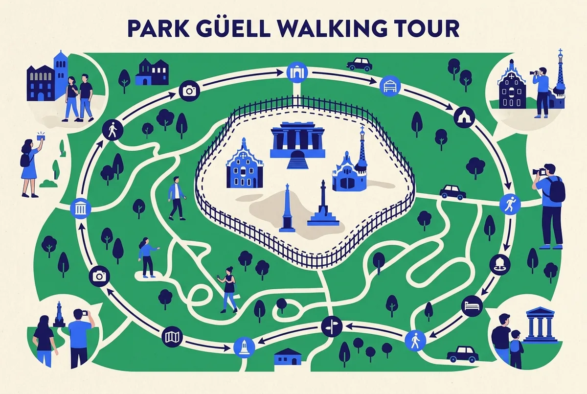 Mapa esquemático comparando la ruta exterior de un free tour por Barcelona con el límite de la zona monumental de pago del Park Güell, estilo infografía plana, solo etiquetas genéricas