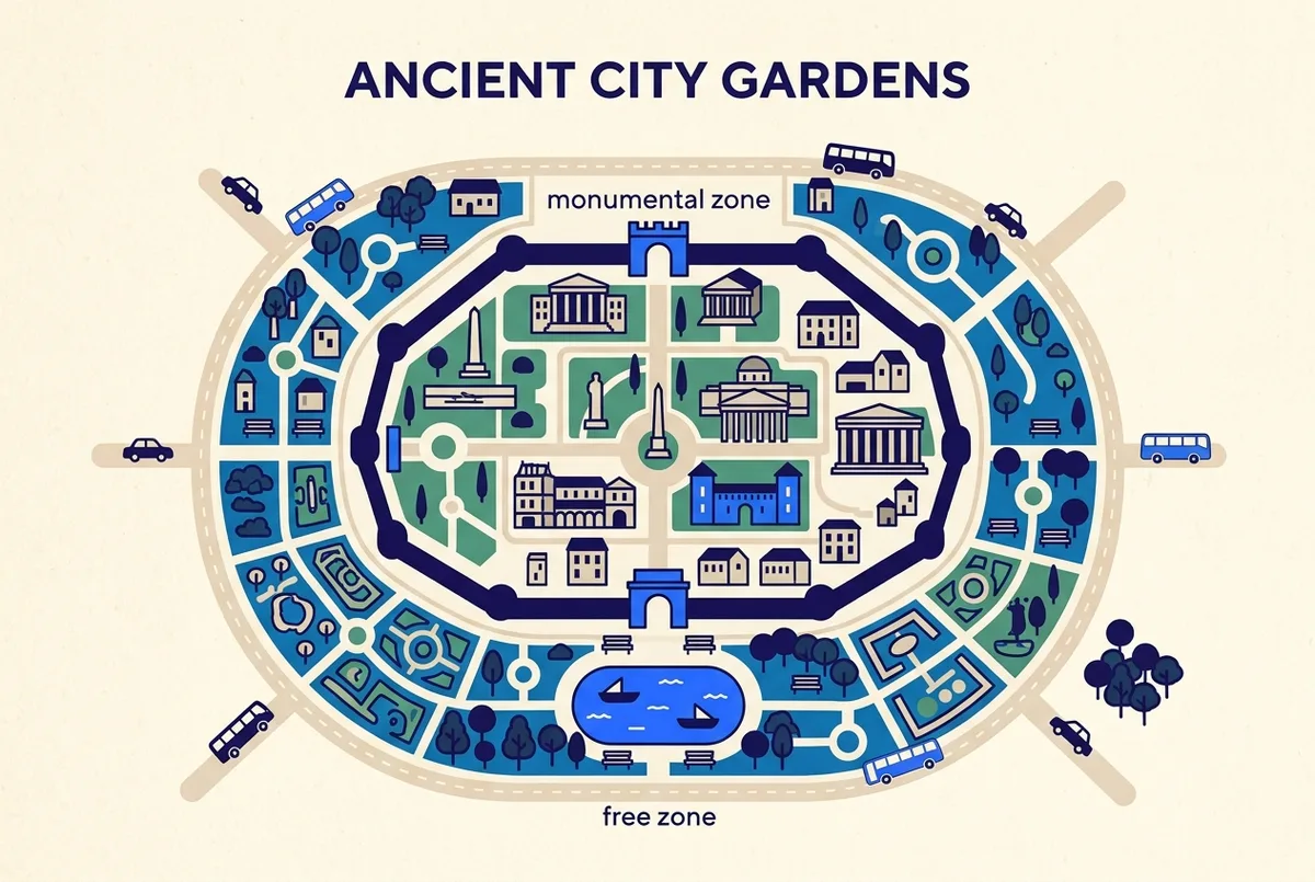 Simple overhead map-style infographic showing a labeled "free zone" ring of gardens surrounding a labeled "monumental zone" perimeter with a gate icon, flat style, generic labels only, no prices