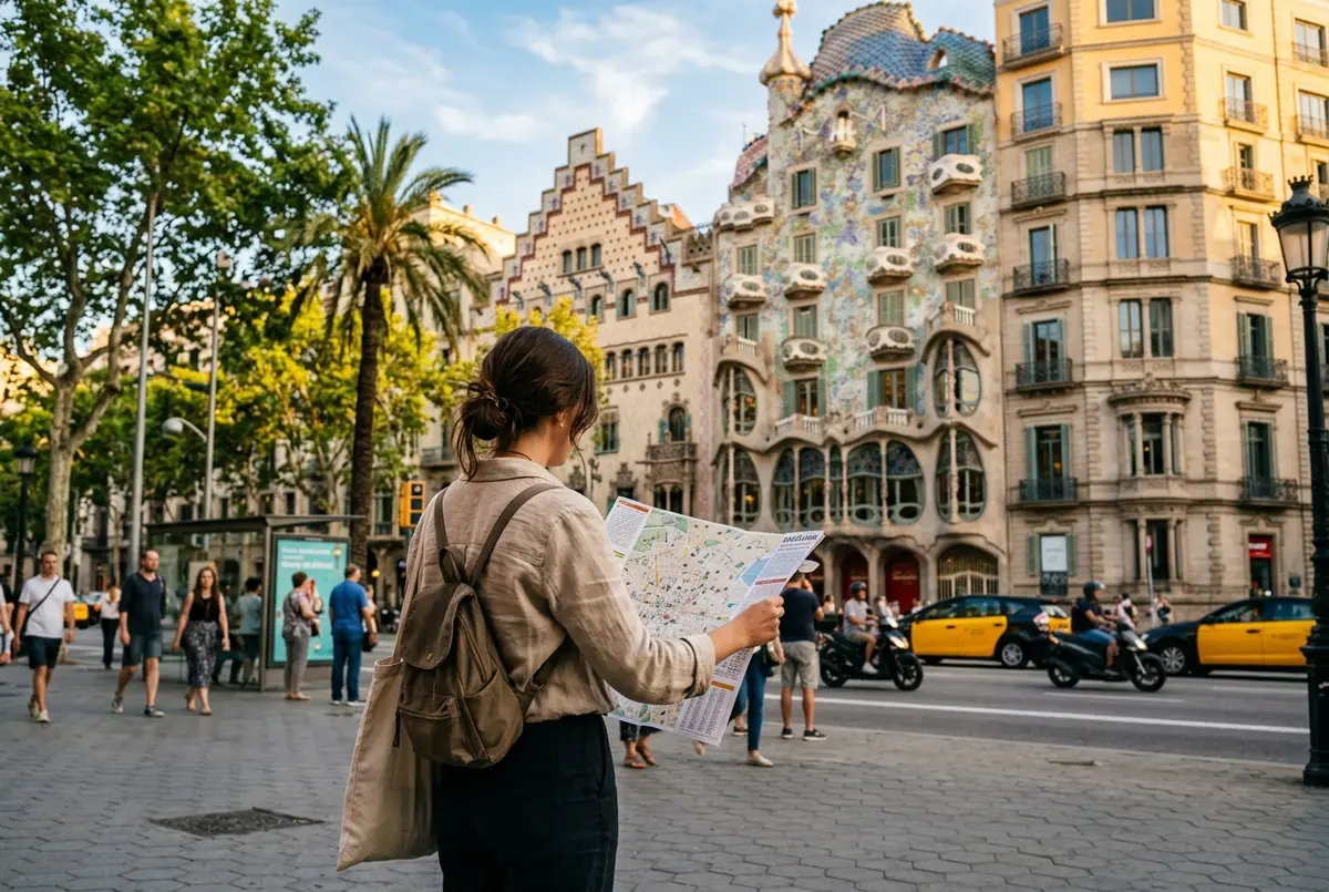 Traveler with a paper map standing on a Barcelona street with Casa Batllo's wavy colorful facade on one side and a glimpse of Sagrada Familia's towers further down the avenue