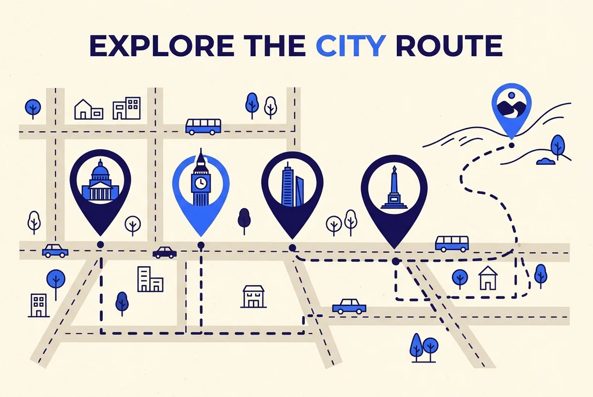 Simple city route map illustration with four landmark pin icons along one avenue and one hillside pin set apart, connected by a dashed walking path line, flat infographic style, generic labels only