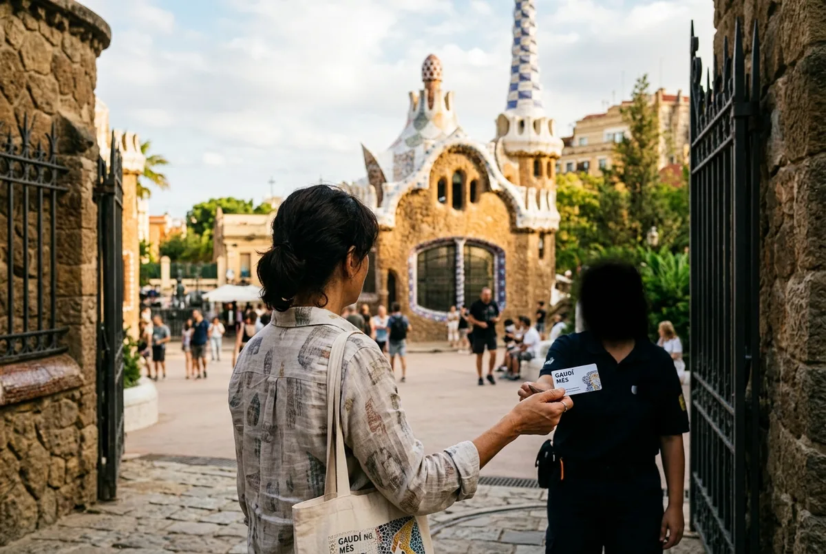 Barcelona resident holding a loyalty card at the Park Güell entrance gate, mosaic pavilion in the background