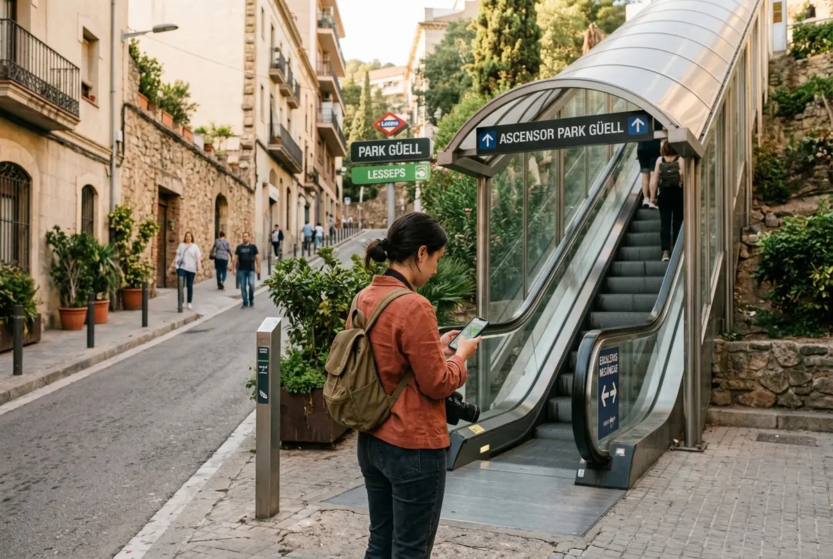 Viajero consultando un mapa en el móvil al pie del camino con escalera mecánica hacia como llegar al park guell cerca del metro Lesseps, calle de Barcelona en luz suave de tarde