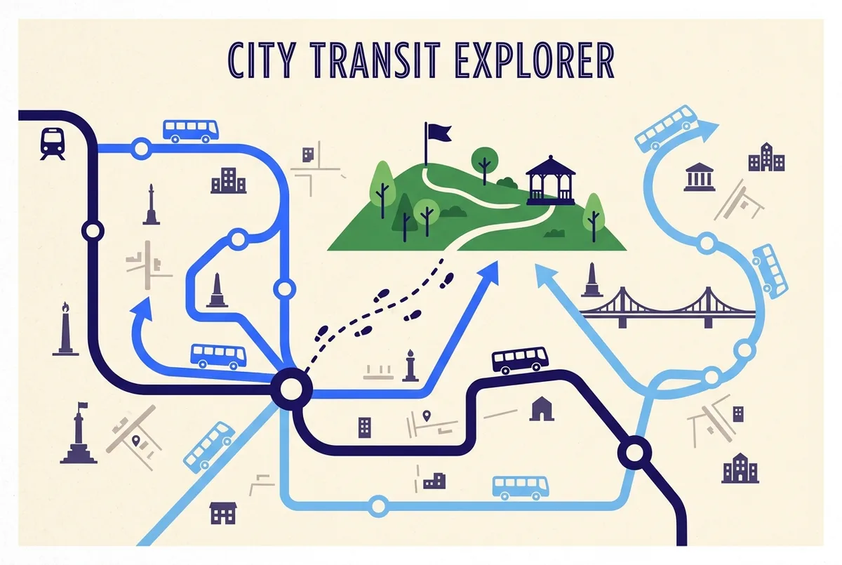 Simple transit map showing a metro line, two bus route lines and a short walking path all converging on a hillside park icon, flat style, generic labels only