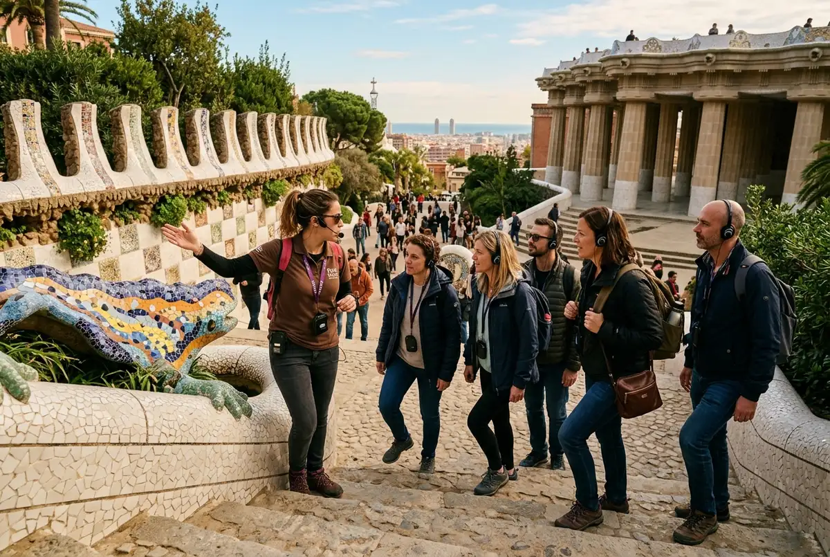 Small tour group with headsets climbing the Dragon Stairway at Park Güell mid-morning, guide gesturing toward the mosaic salamander