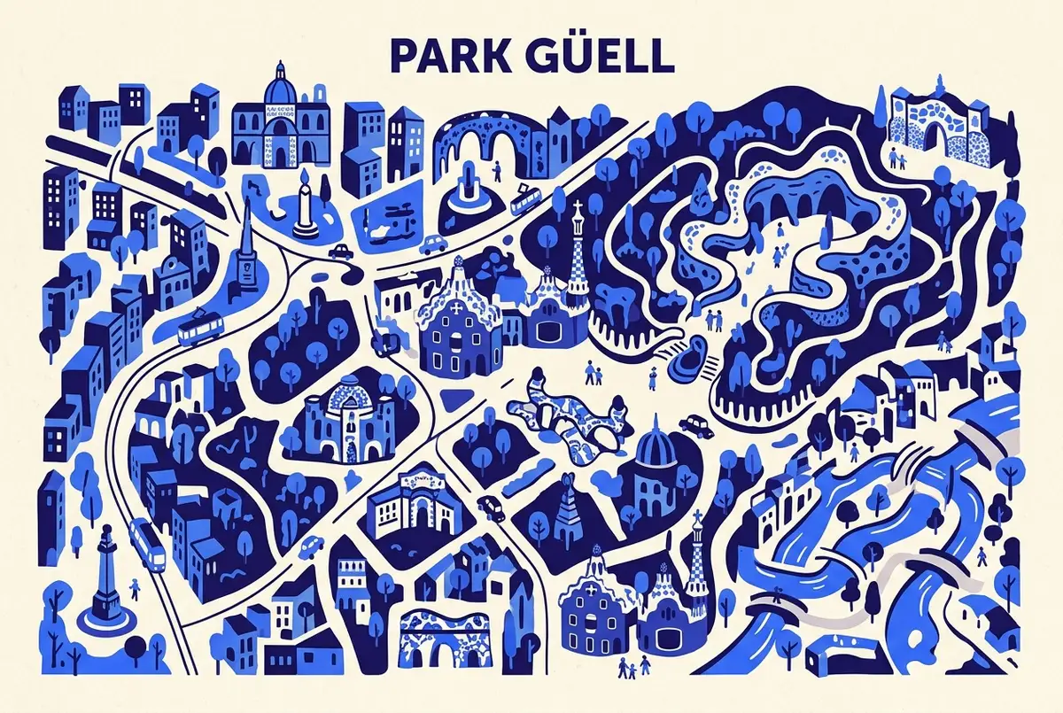 illustrated map of Barcelona highlights for How Long Is a Park Güell Guided Tour? What to Expect, how long is park guell guided tour