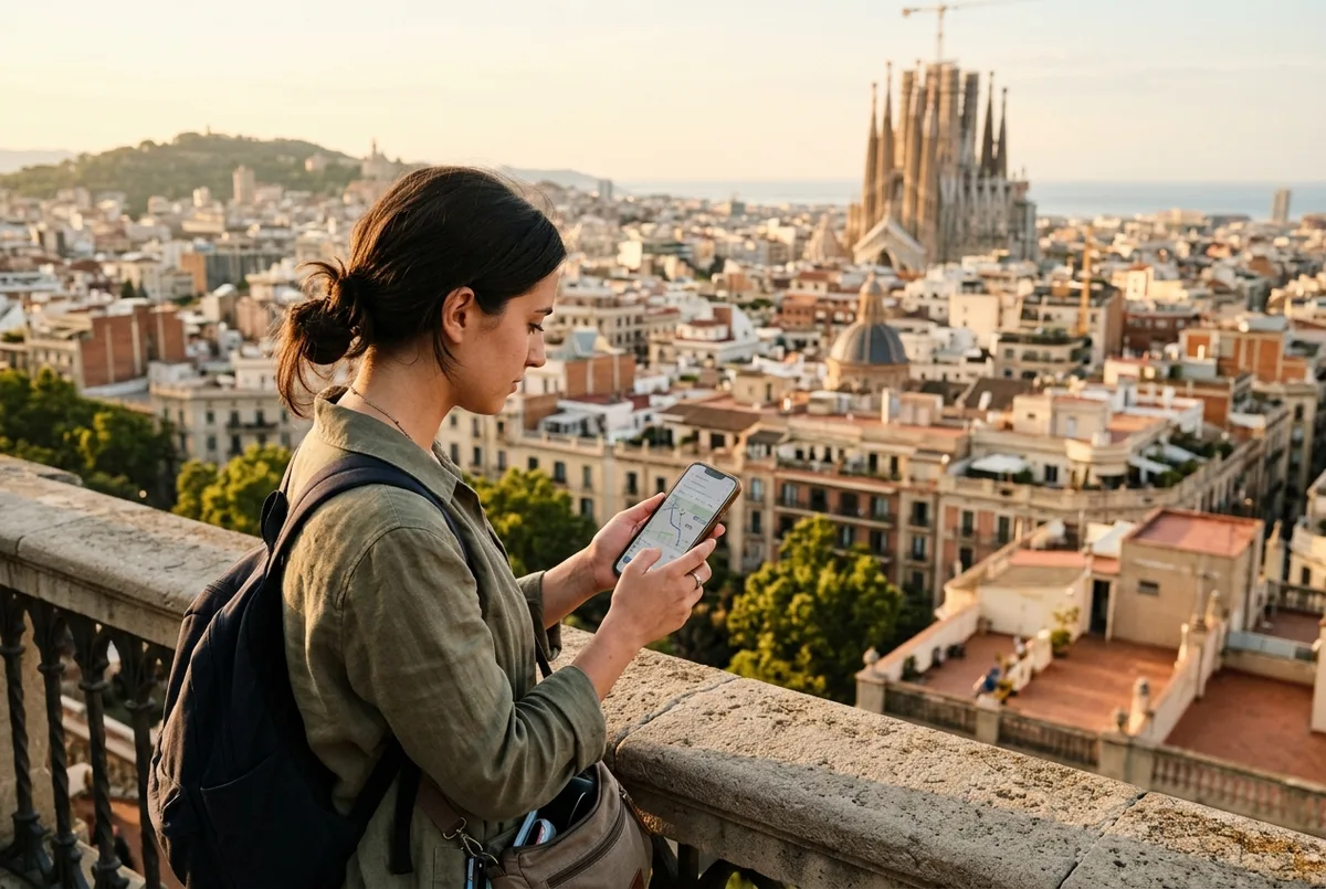 Traveler checking a transit map on their phone between how far park guell is from sagrada familia, Barcelona rooftops visible in the background