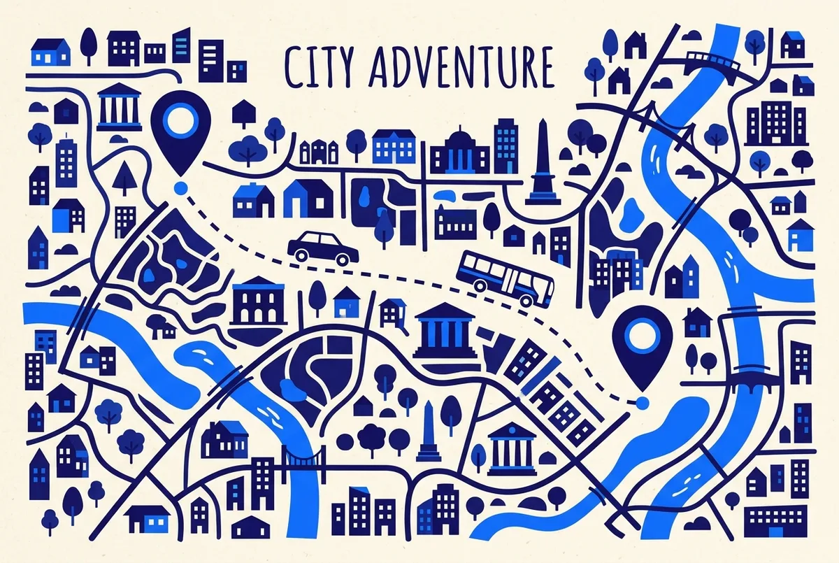 Simple city map illustration showing two landmark pin icons connected by a dashed route line with a car icon and a transit icon along the path, flat style, generic labels only