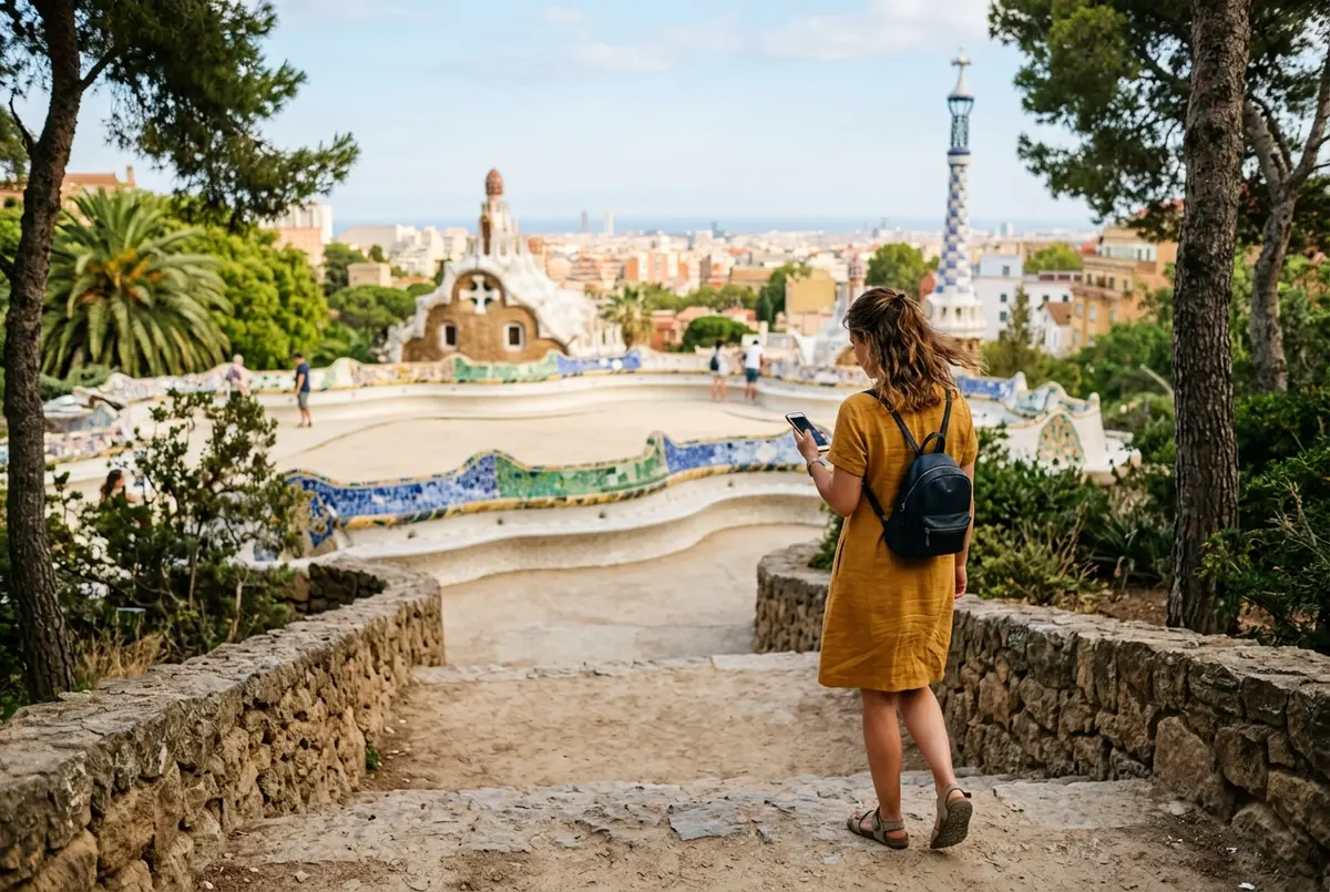 Visiteur consultant sa montre sur le banc en mosaïque ondulé de la Place de la Nature au Park Güell en milieu de matinée