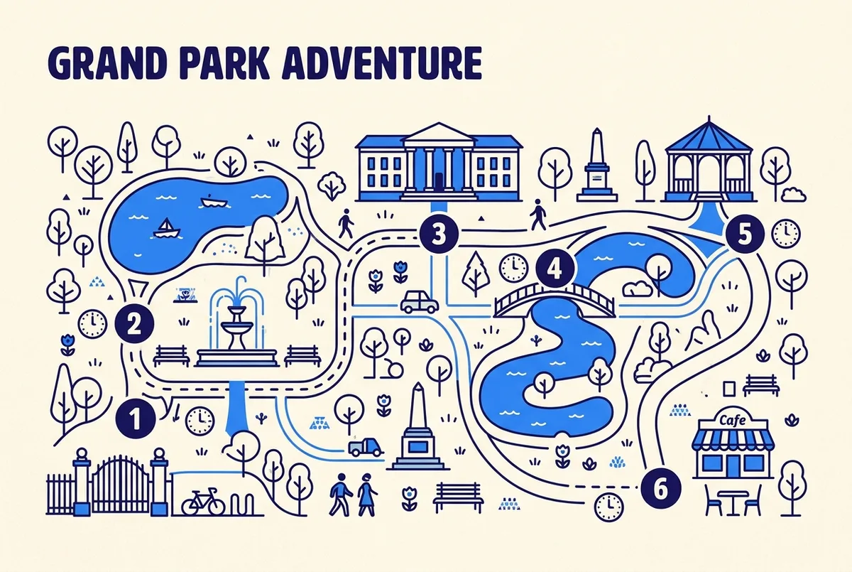 Infographie montrant un parcours simplifié du Park Güell avec les temps approximatifs par arrêt, Escalier du Dragon, Salle Hypostyle, Place de la Nature, étiquettes génériques uniquement