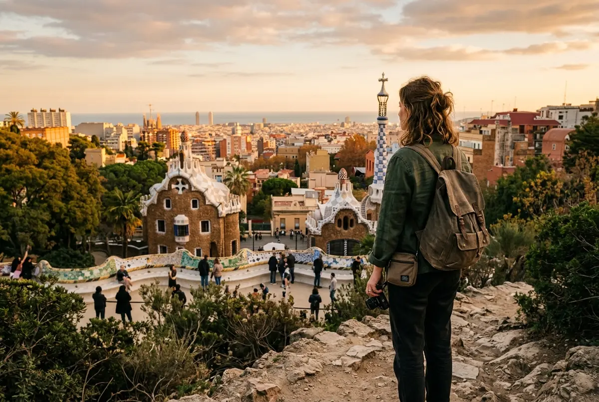 Viatger a un mirador gratuït del Carmel prop del Park Güell mirant cap a la zona monumental de pagament, llum daurada de tarda