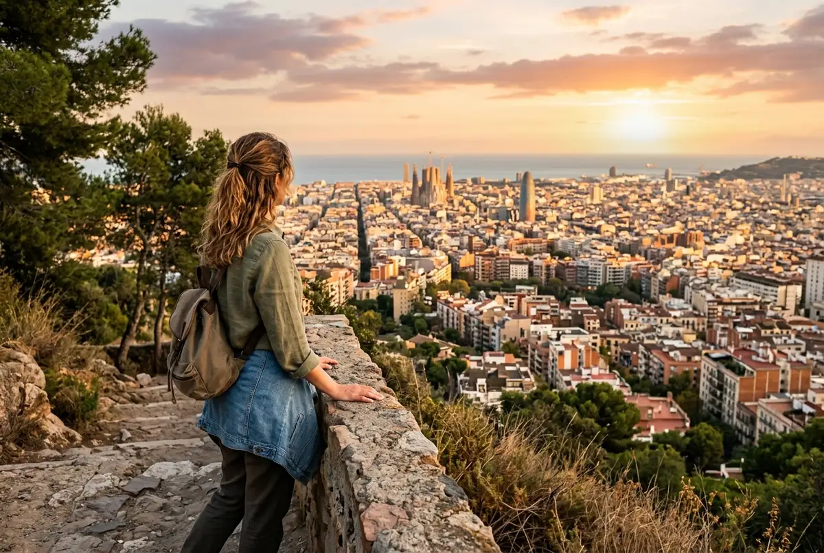 Traveler looking out from a free Carmel Hill viewpoint toward distant Barcelona rooftops, golden hour, relaxed mood, no mosaic terraces visible from this angle