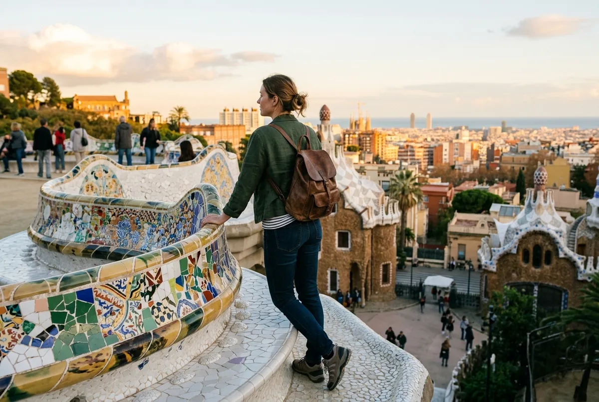 Traveler standing at the wavy mosaic bench of Park Guell's Nature Square looking out over Barcelona's rooftops at golden hour, weighing the view against the ticket in hand