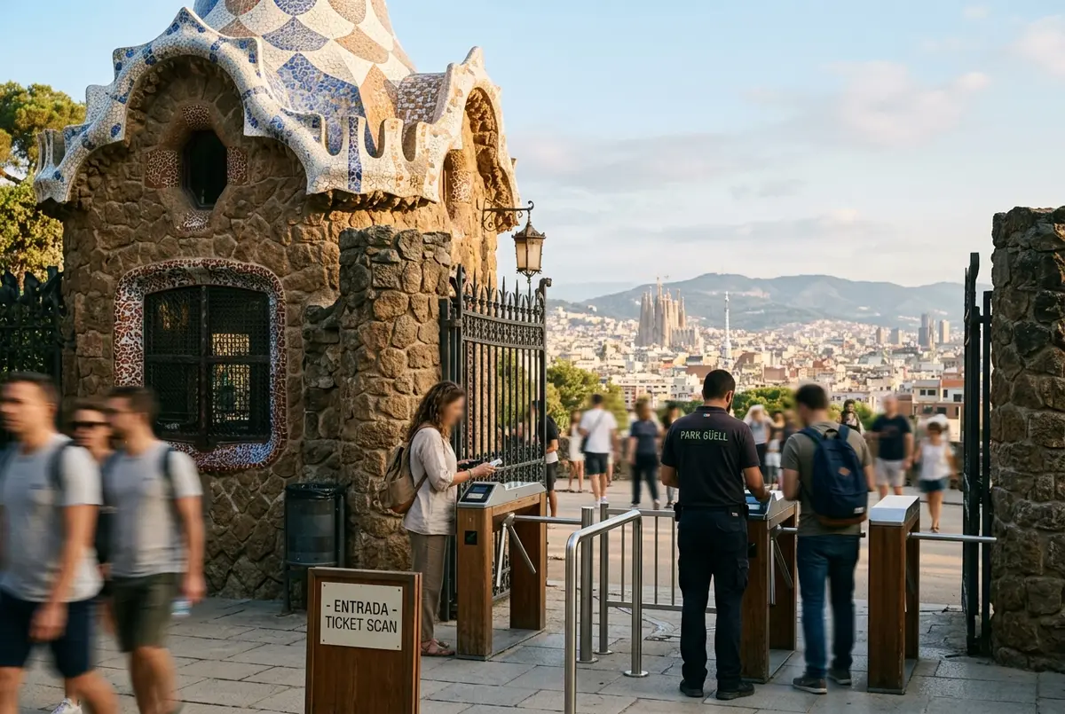 Close up of a park guell entrance gate pavilion with a ticket scanning point, soft morning light, Barcelona hillside visible behind the pillars