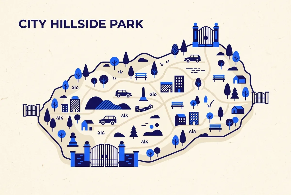 Simple map style illustration showing a hillside park outline with one highlighted main gate icon and two smaller secondary gate icons around the perimeter, flat style, generic labels only