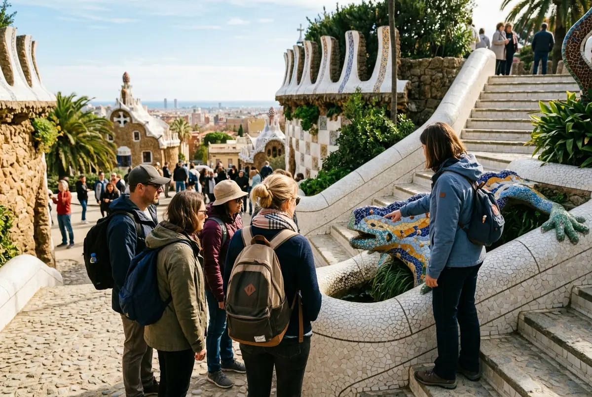 Guide erklärt einer Kleingruppe mit Kopfhörern die Mosaik-Drachentreppe während einer park güell führung, warmes Morgenlicht