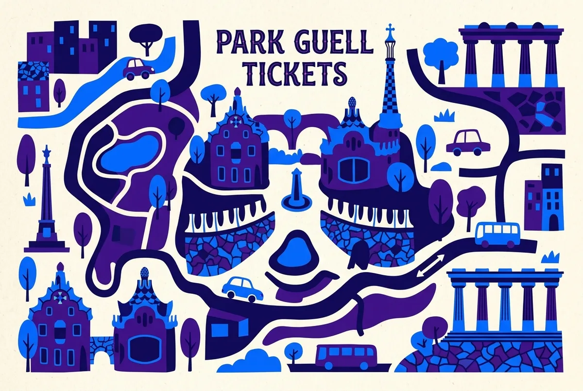 illustrated map of Barcelona highlights for park guell tickets, park guell guided tour