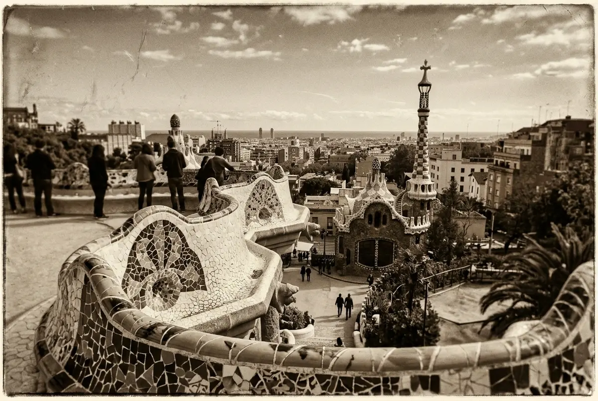 Weathered sepia toned archival style photograph effect of Park Guell's stone viaducts and empty hillside paths, evoking the early 1900s housing estate era before the park opened to the public