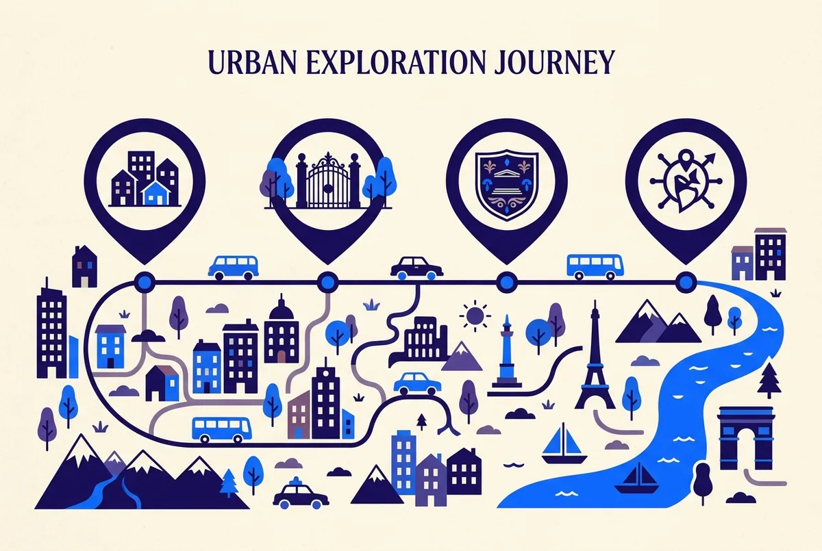 Simple timeline infographic illustration with four milestone markers labeled by year, a housing estate icon, a park gate icon, and a UNESCO shield icon, flat style, generic labels only