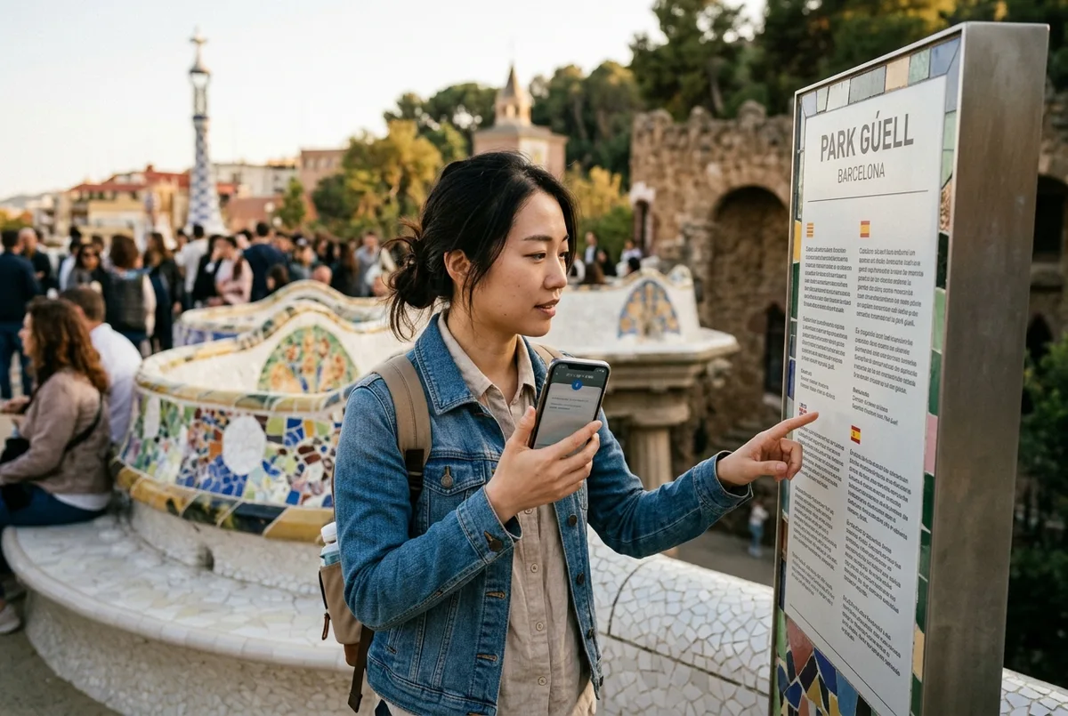 グエル公園のモザイクのテラスで翻訳アプリの画面を見ながら案内板を読む旅行者、日本語の案内を探している様子、午後の柔らかい光