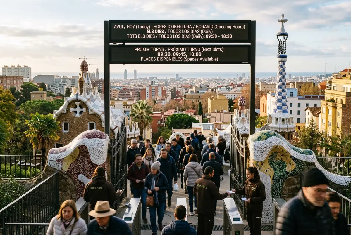 Ochtendlicht bij de mozaïekpoort van Park Güell met een digitaal tijdslotbord bij de park guell openingstijden ingang, Barcelona heuvel op de achtergrond