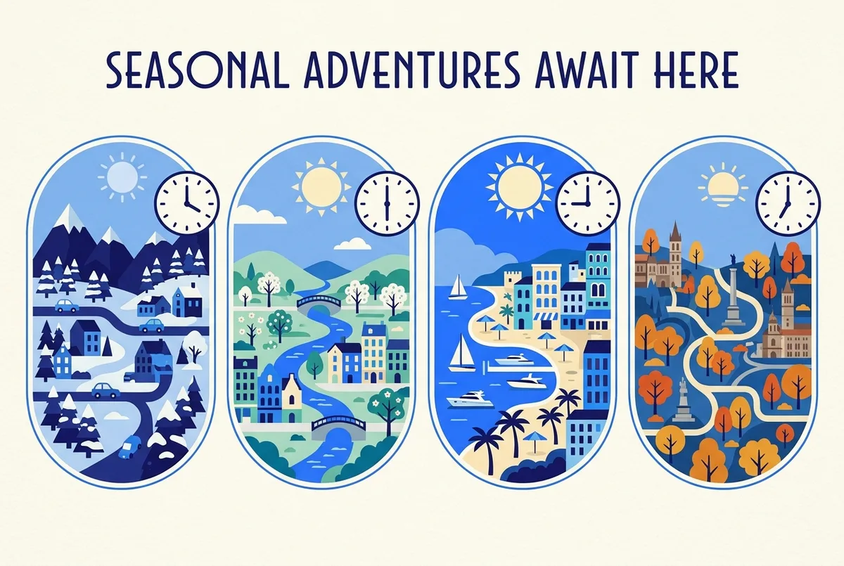 Simple seasonal calendar infographic showing four panels for winter, spring, summer and autumn, each with a sun icon and a clock face showing a different closing time, flat style, generic labels only