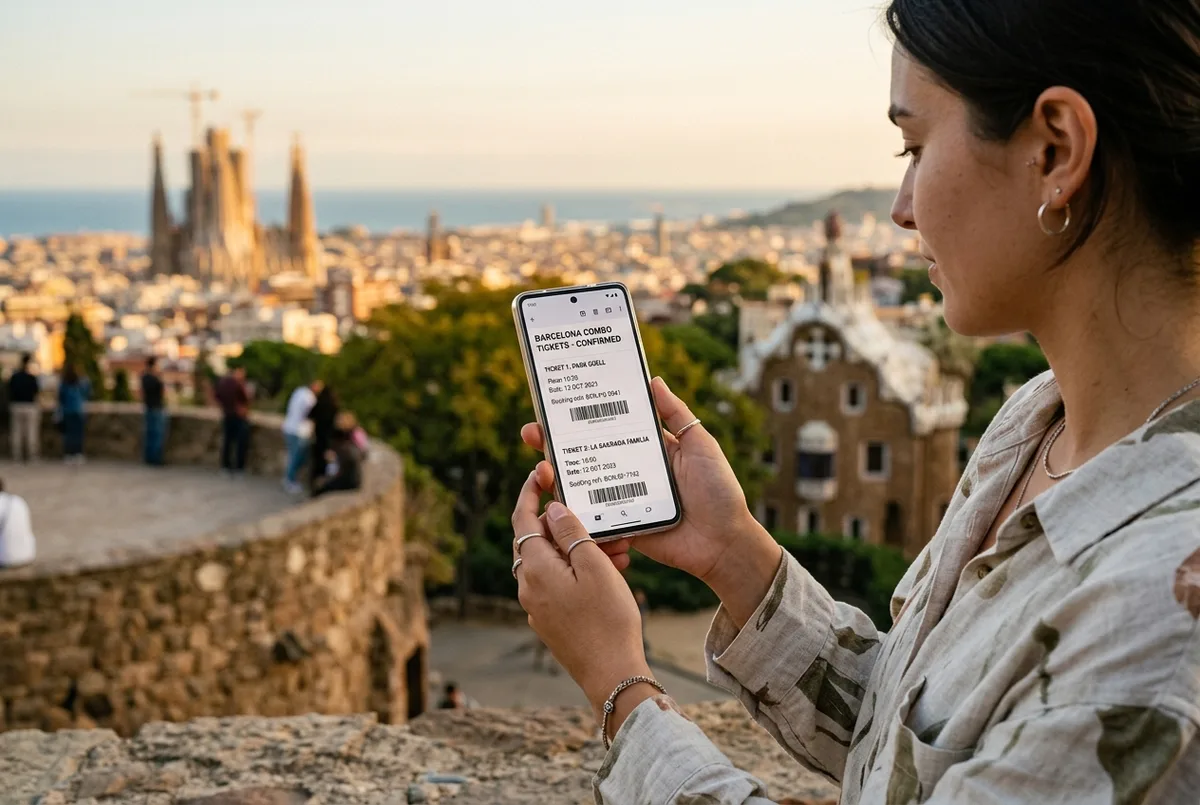 Viatger amb una entrada mòbil mostrant park guell sagrada familia tickets combinades a la pantalla, horitzó de Barcelona amb totes dues icones suggerides al fons suau