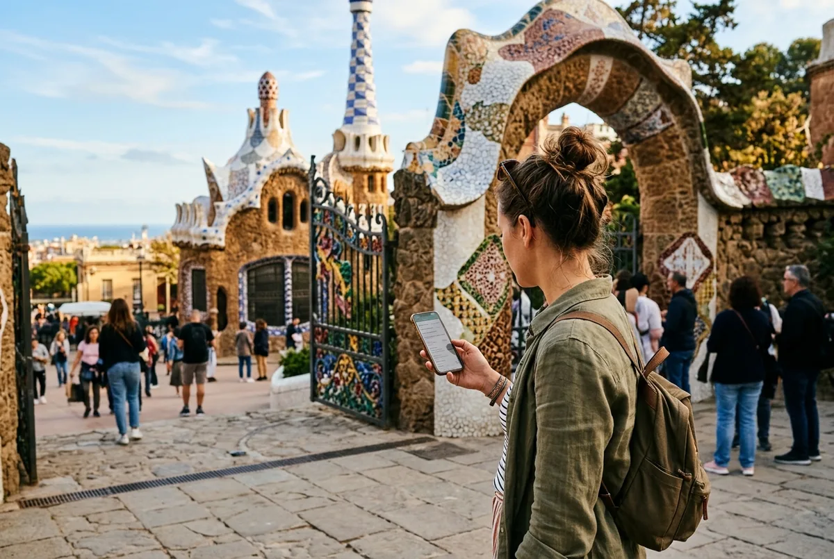 Viatger comprovant el preu d'una entrada al Park Güell al mòbil davant dels pavellons d'entrada amb mosaic, llum càlida de matí