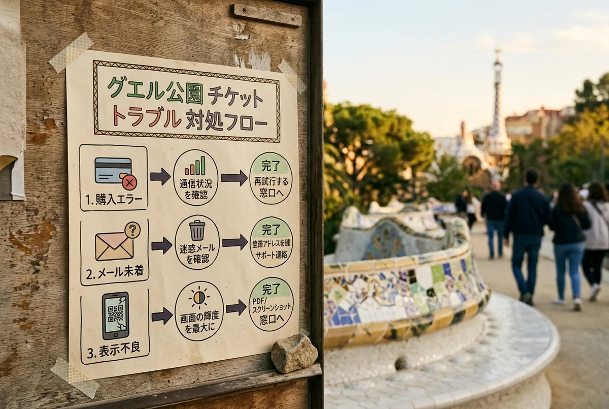 グエル公園チケットのトラブル対処フローを示すシンプルなチェックリスト型インフォグラフィック、エラー・メール未着・表示不良の3つの症状から対処法へ矢印でつなぐ