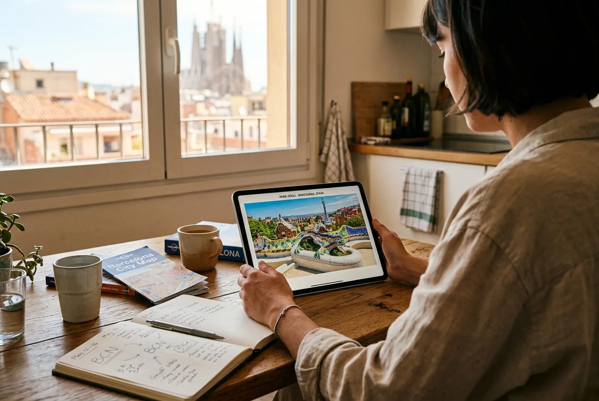 Person looking at a tablet showing panoramic photos of park guell mosaic terraces while planning a trip at a sunlit kitchen table