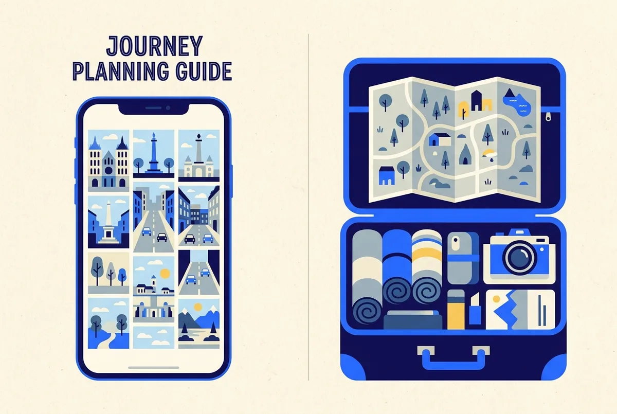 Simple before and after style illustration showing a phone screen with mosaic preview photos on one side and a packed travel bag with a park map on the other, flat style, generic labels only