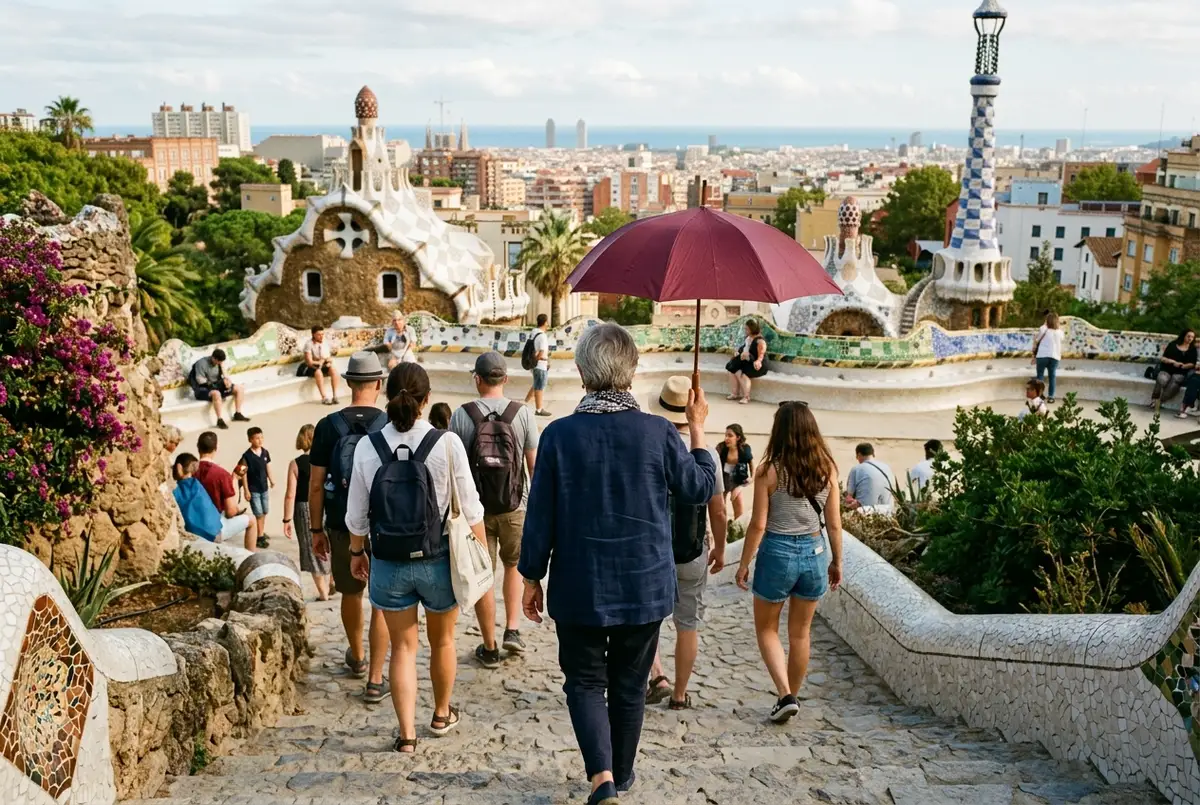 Guide holding a burgundy umbrella leading a small group up Park Guell's mosaic Dragon Stairway with Sagrada Familia's towers visible in the distant skyline, warm late morning light