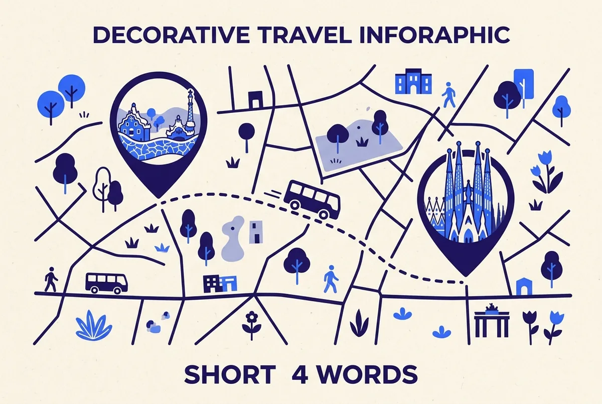 Simple route map illustration with two landmark pin icons, Park Guell and Sagrada Familia, linked by a dashed line and a small bus icon, flat infographic style, generic labels only
