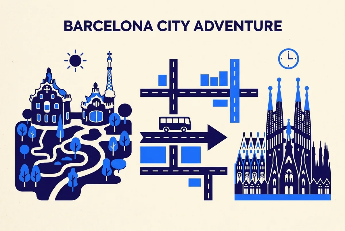 Simple hour by hour timeline illustration showing a sun icon for morning Park Guell, an arrow with a bus icon for the transfer, and a clock icon for afternoon Sagrada Familia, flat infographic style, generic labels only