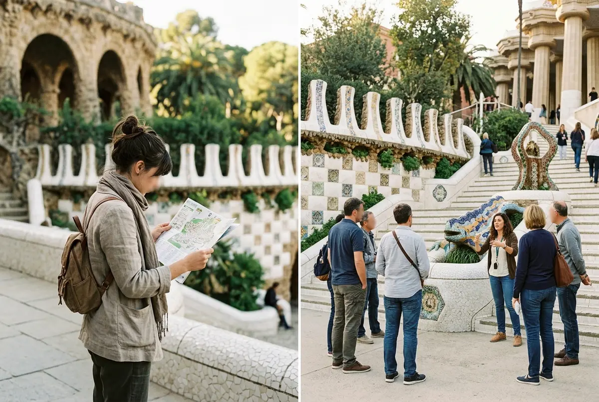 Delad scen med en ensam resenär som läser en karta bredvid en liten guidad grupp som lyssnar vid Drakens trappa i Park Güell